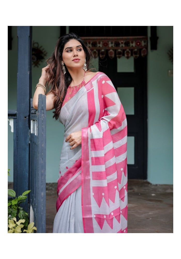 Malishka Export Grey Linen Cotton Graphic Pattern Saree for Women - Image 5